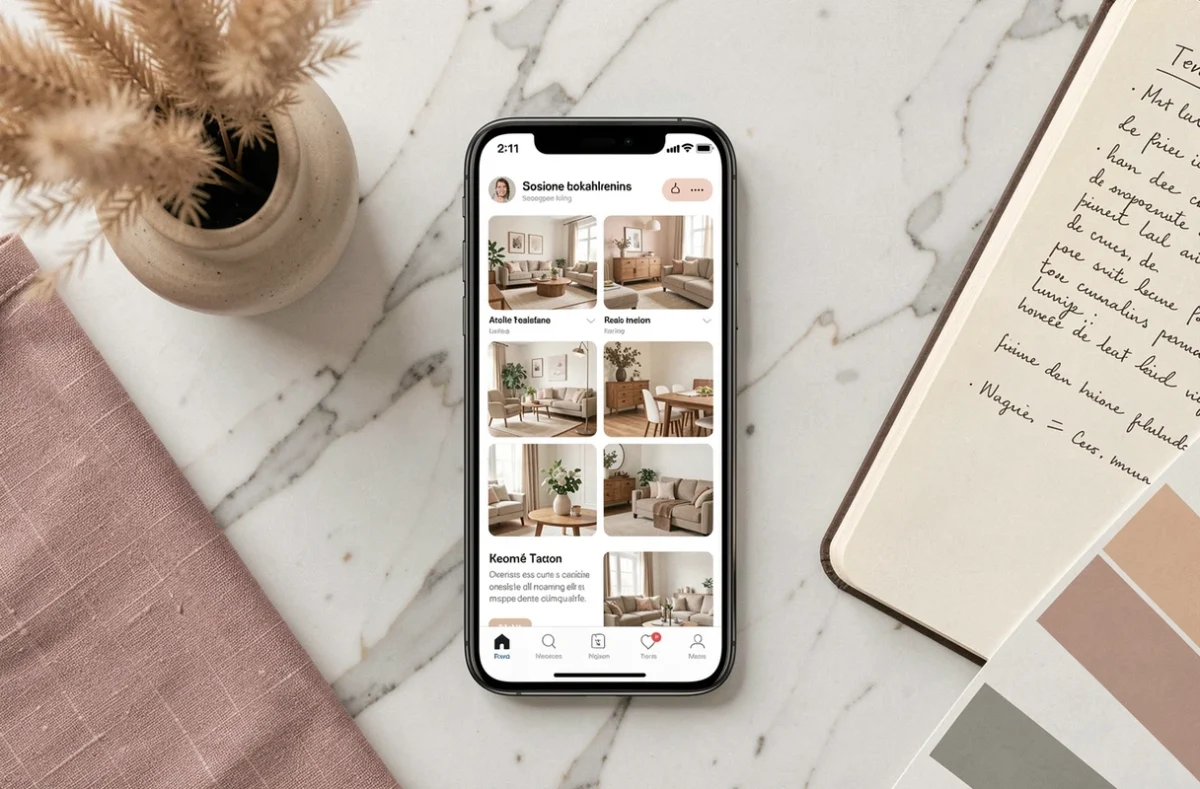 Flat-lay élégant d'un smartphone affichant l'application raffinement-et-habitat.fr sur un comptoir en marbre avec accessoires déco