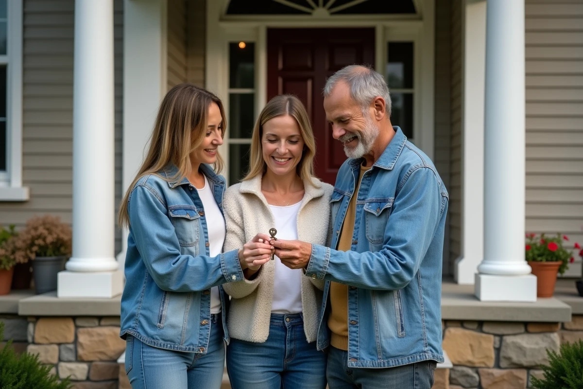 Frères et sœurs tenant une vieille clé devant une maison