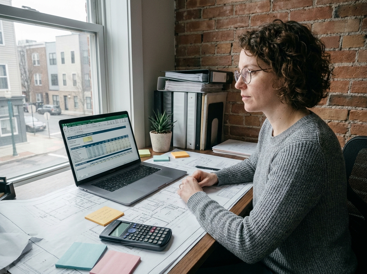 Femme gérant seule son projet d'investissement immobilier avec des plans et tableaux financiers sur son bureau