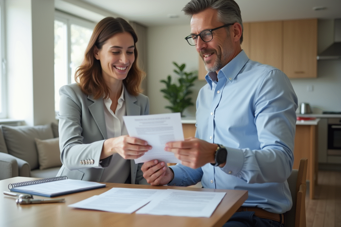 Gestionnaire immobilier remettant une checklist à un locataire dans un salon lumineux