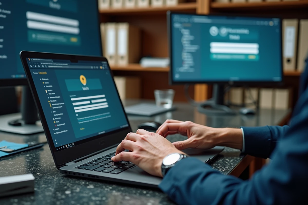 Gros plan sur des mains tapant sur un ordinateur pour accéder aux documents sécurisés sur Myfoncia en ligne