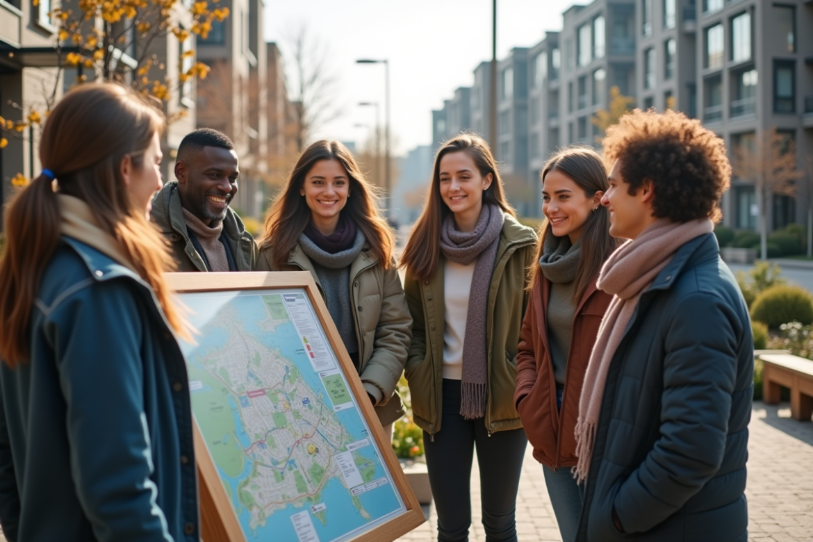 Groupe divers d'adultes souriants dans un ecoquartier