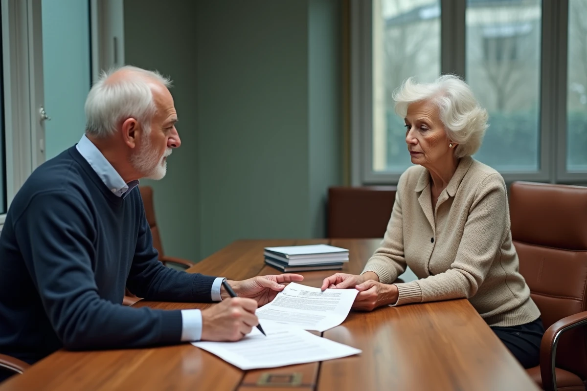 Héritiers consultant un rapport d'estimation immobilière chez un notaire lors d'une succession