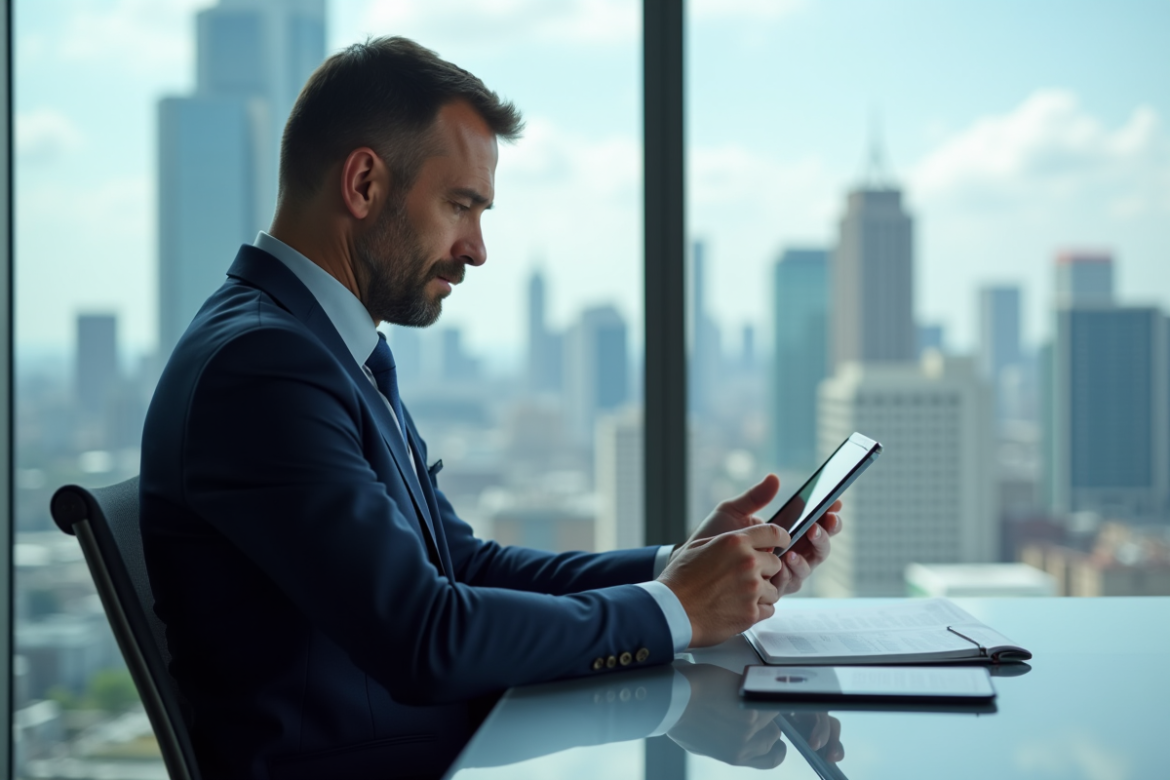 Homme d'affaires en costume bleu analyse un rapport immobilier