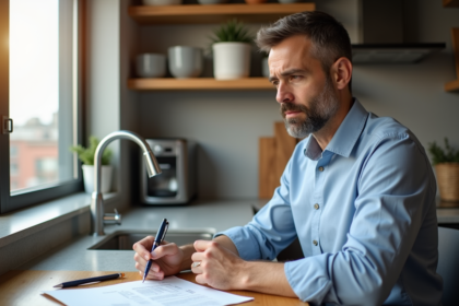 Homme d'affaires en cuisine moderne avec documents immobiliers