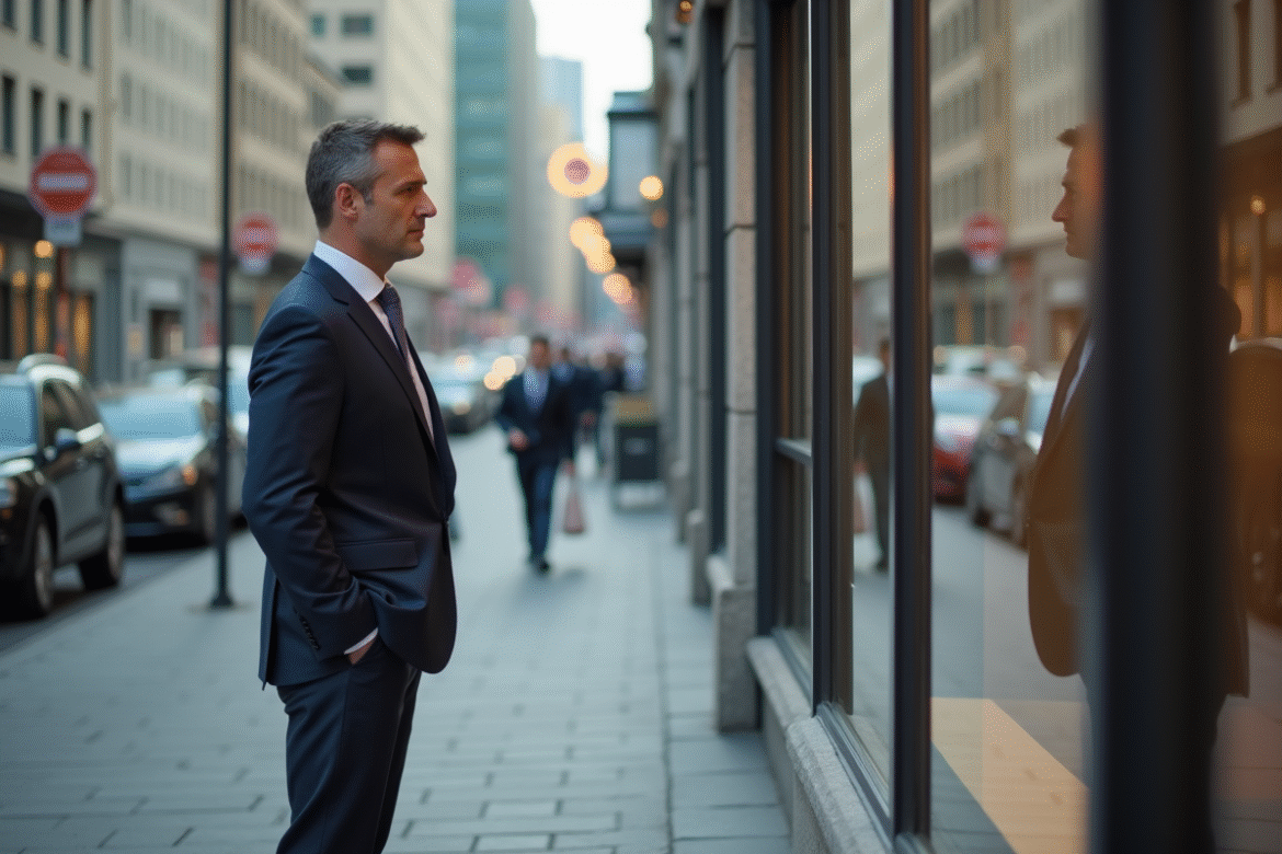 Homme d'affaires regardant une vitrine immobilière en ville