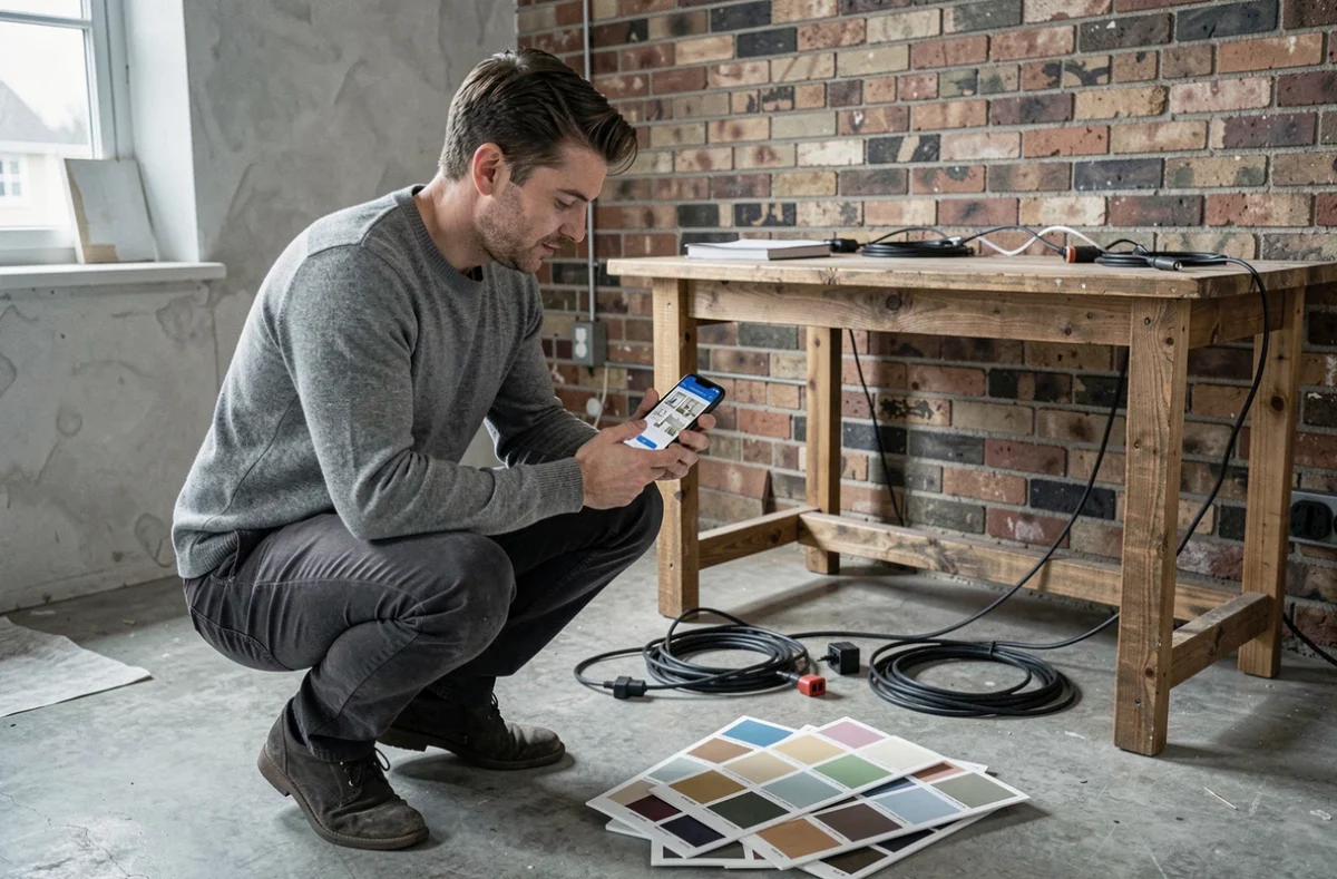 Homme consultant l'application déco raffinement-et-habitat.fr lors de la rénovation d'un bureau à domicile