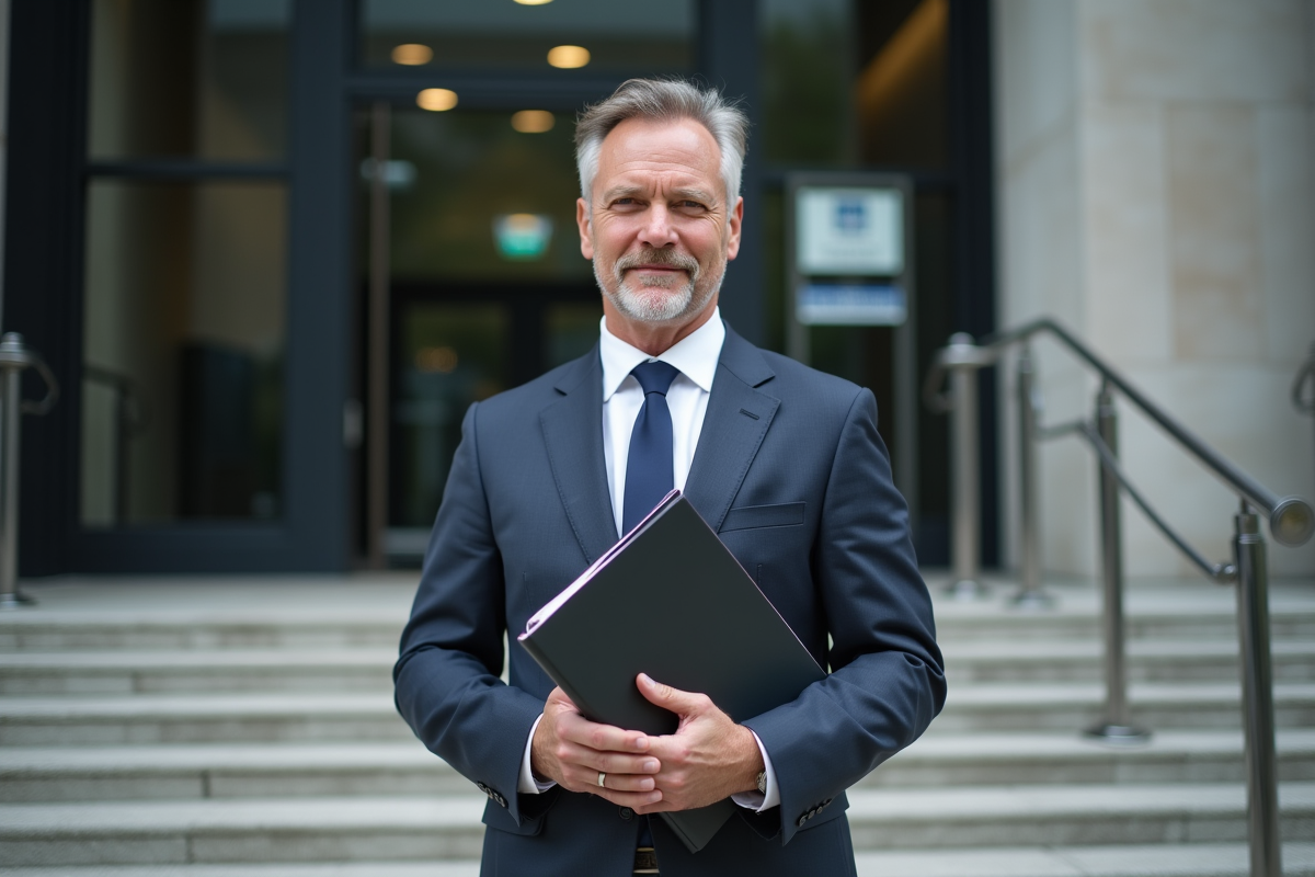 Homme en costume debout devant un bâtiment officiel