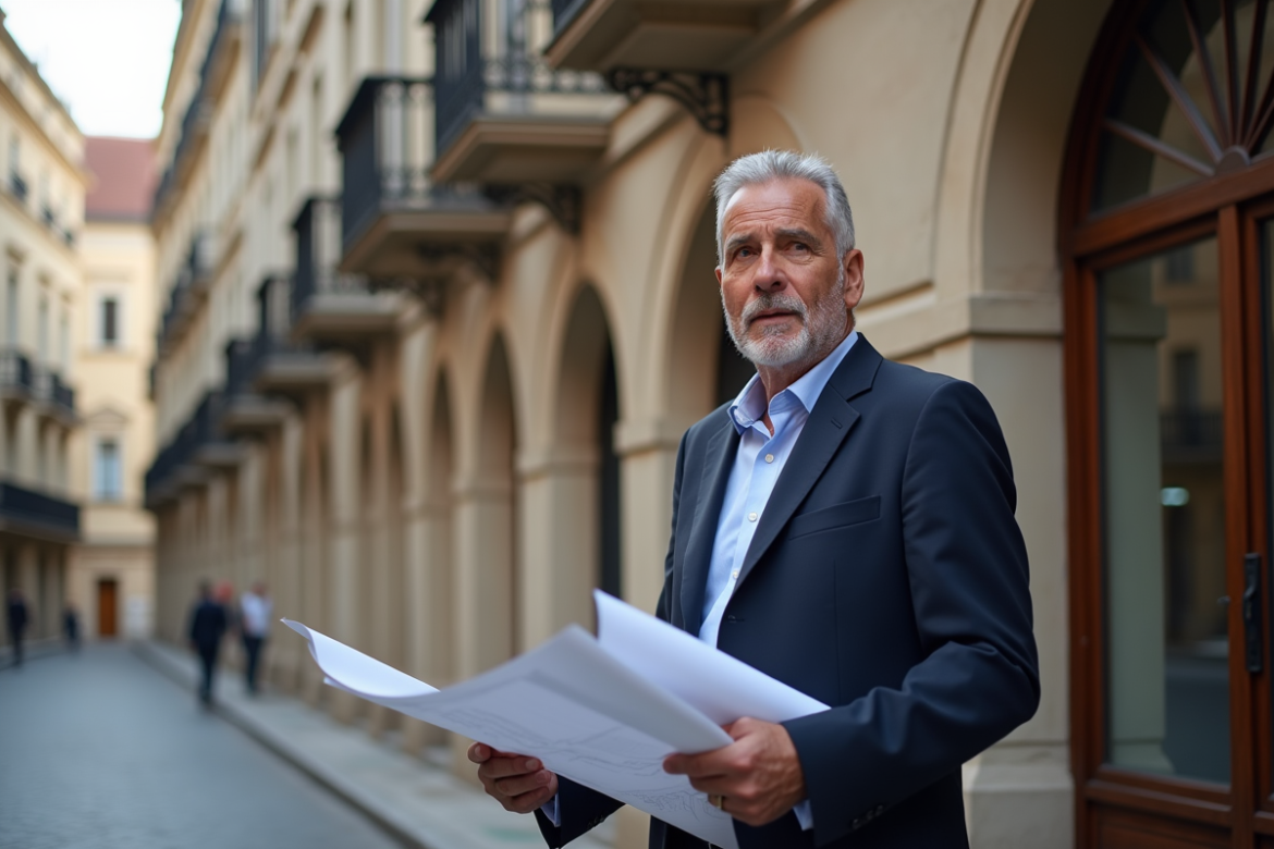 Homme d'âge mûr en costume regardant un plan architectural devant un vieux bâtiment
