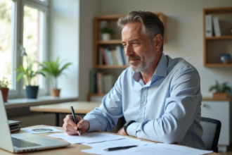Homme d'âge moyen travaillant à son bureau à domicile
