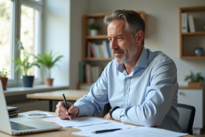 Homme d'âge moyen travaillant à son bureau à domicile