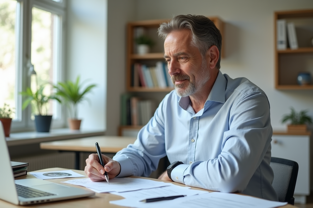 Homme d'âge moyen travaillant à son bureau à domicile