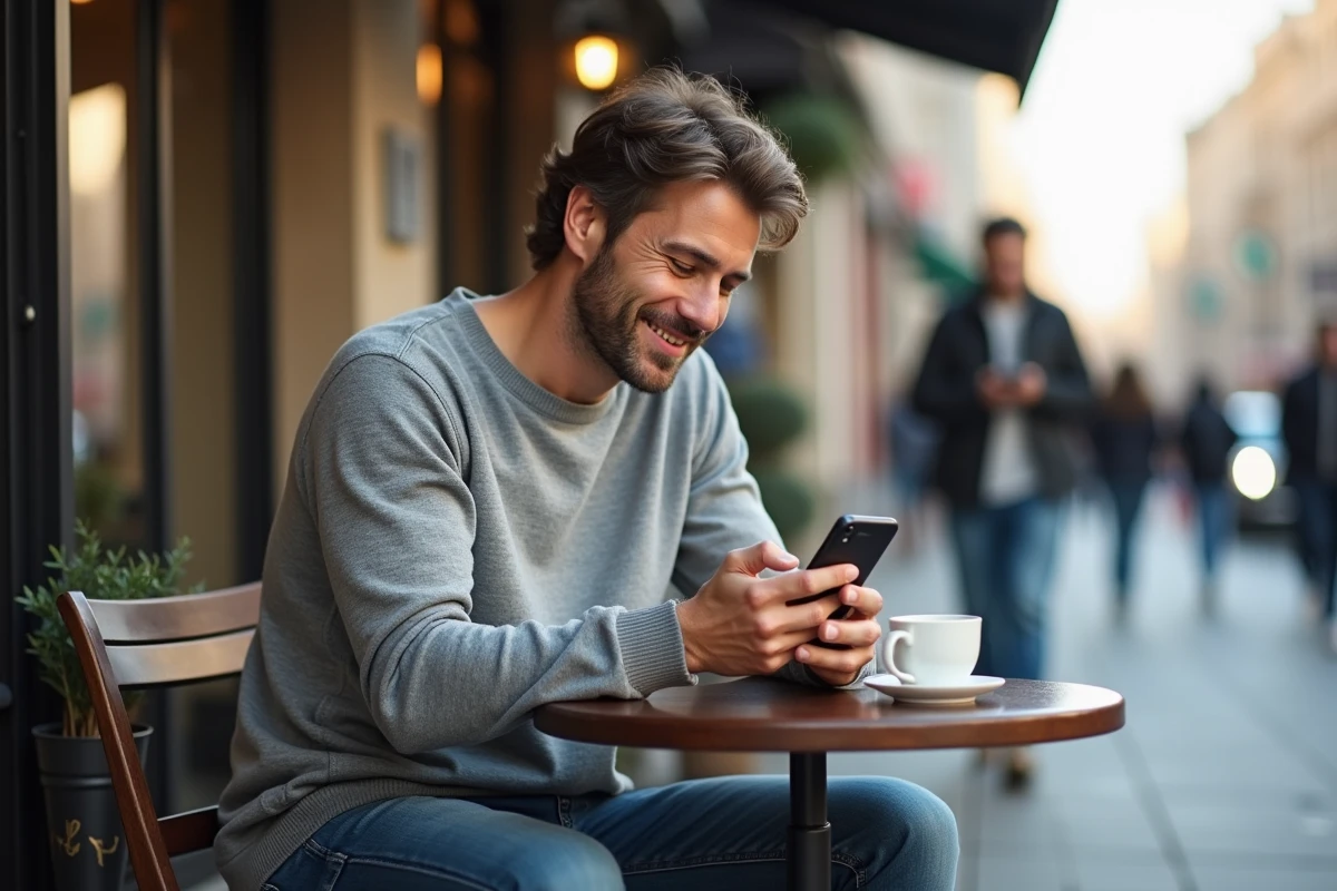 Homme souriant avec smartphone dans un café en ville