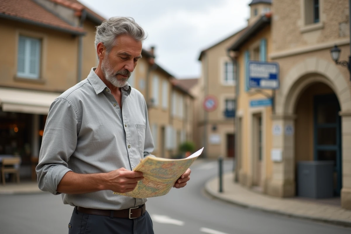 Homme consultant une carte au centre-bourg d'un village français pour trouver l'accès à l'impasse des Lilas, architecture rurale en arrière-plan