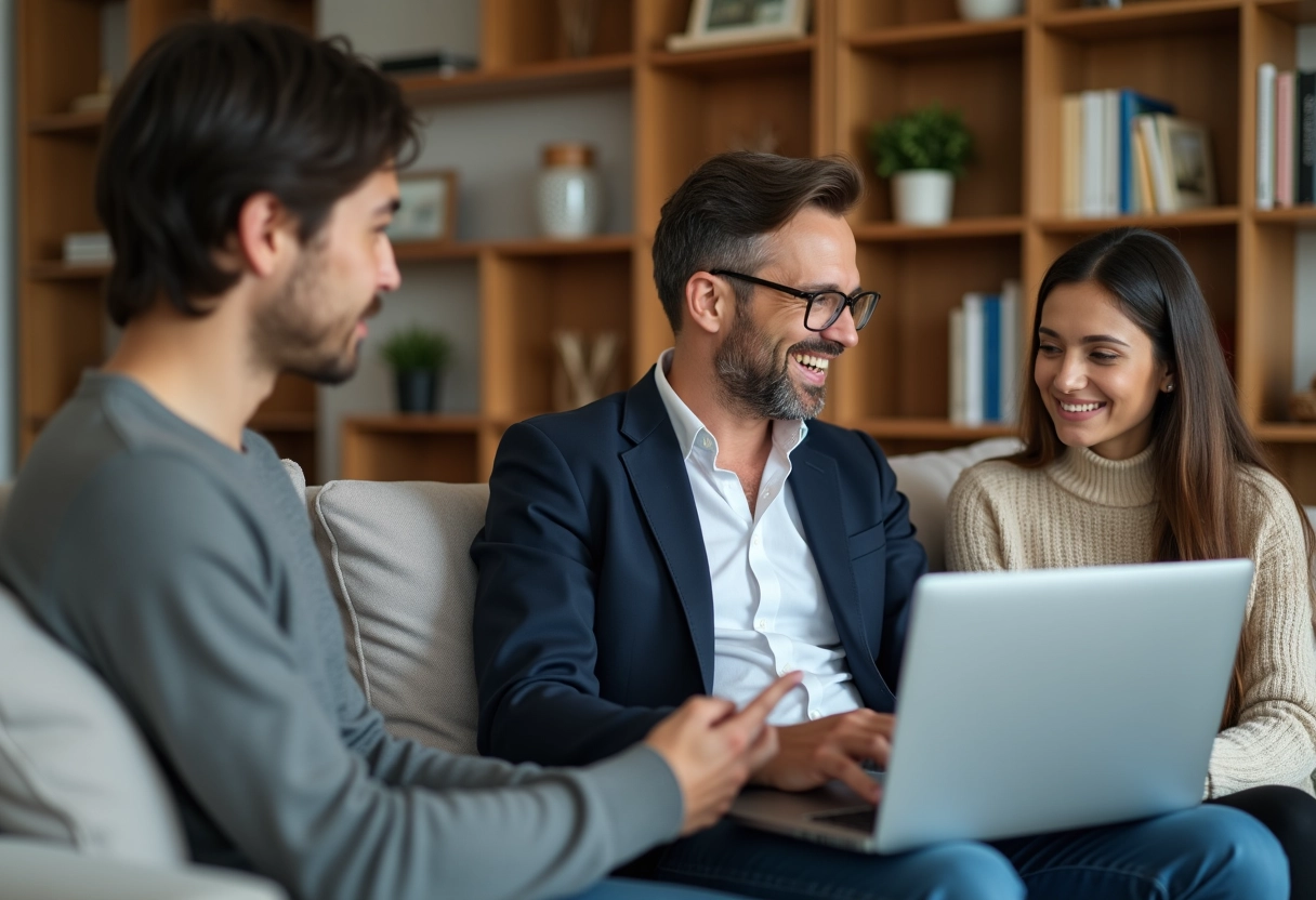 Homme souriant expliquant gestion immobilière dans salon chaleureux