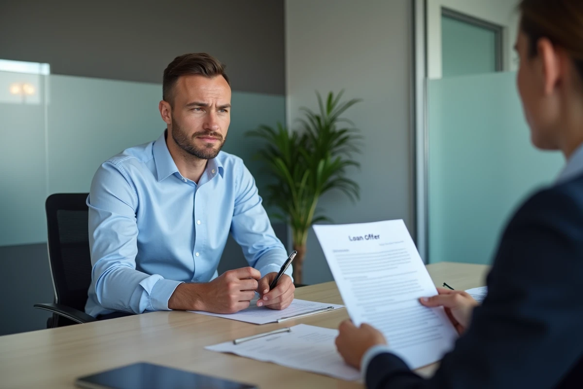 Homme discutant d'un emprunt immobilier de 200 000 euros avec un conseiller bancaire dans une agence moderne