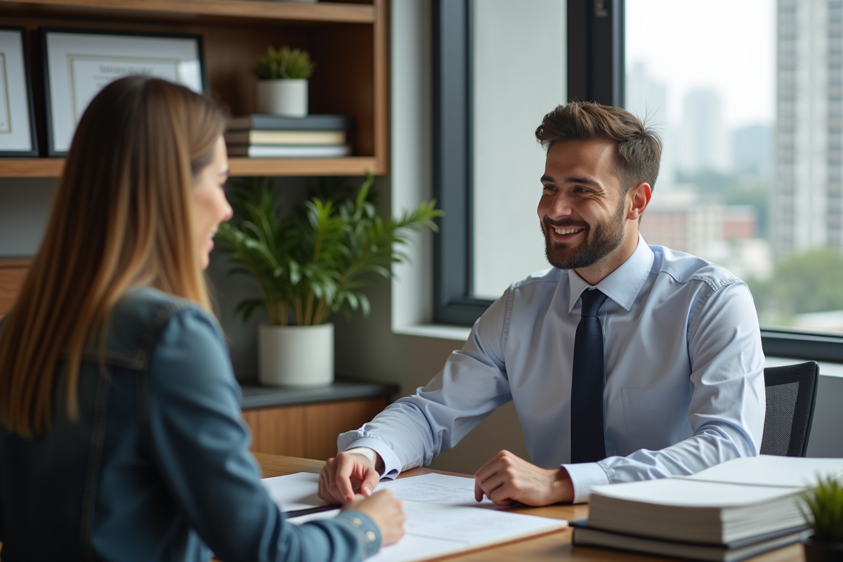 Jeune homme discutant avec un conseiller financier dans un bureau