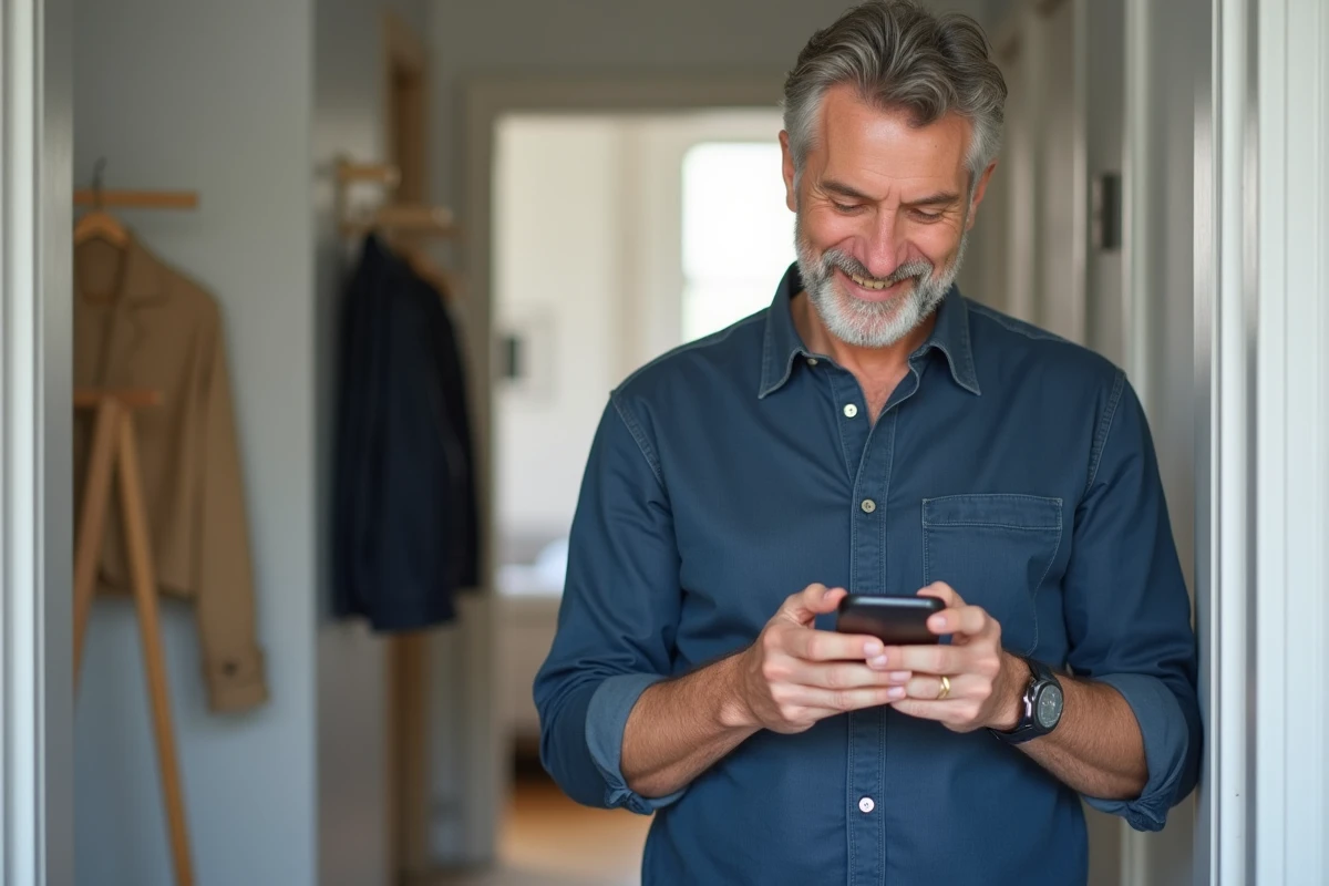 Homme consultant ses justificatifs de logement sur smartphone dans un couloir d'appartement moderne