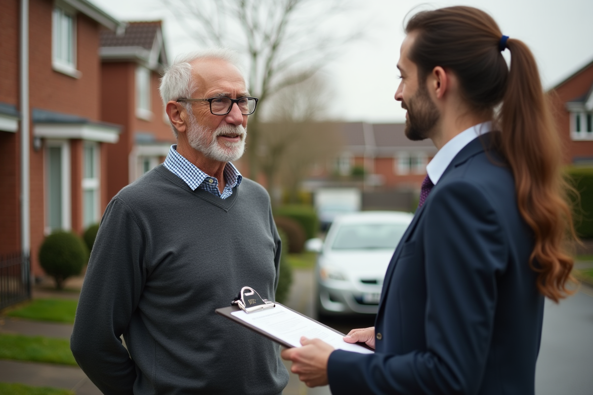 Homme senior parlant avec un professionnel devant une maison