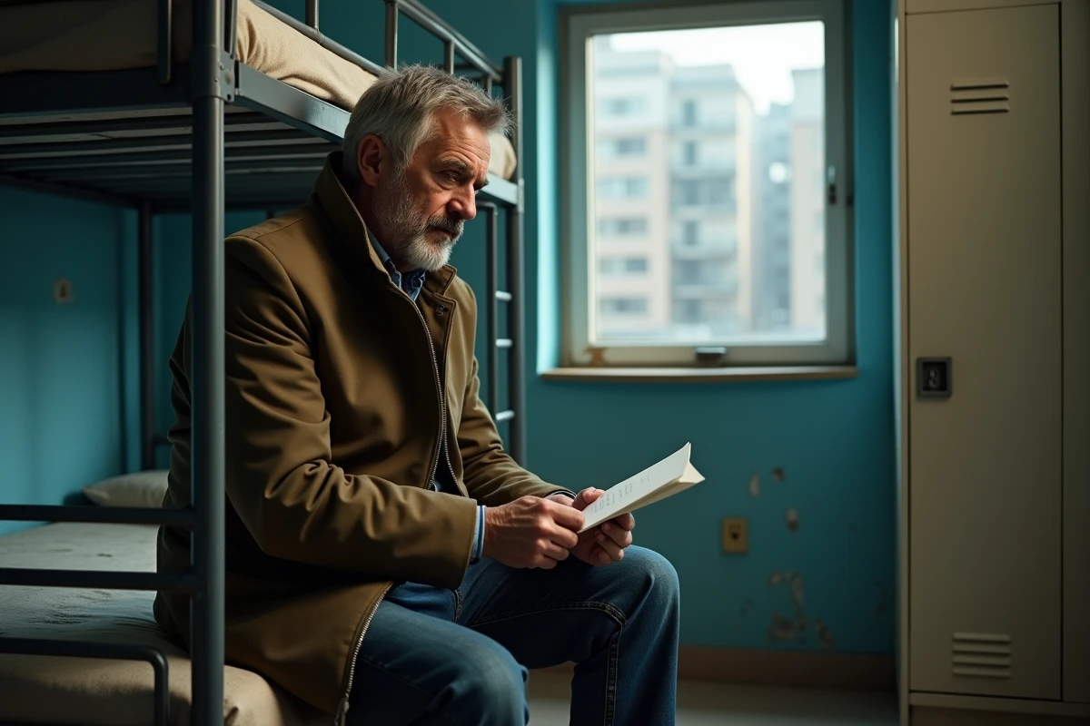 Homme d'âge moyen dans une chambre modeste lisant une lettre