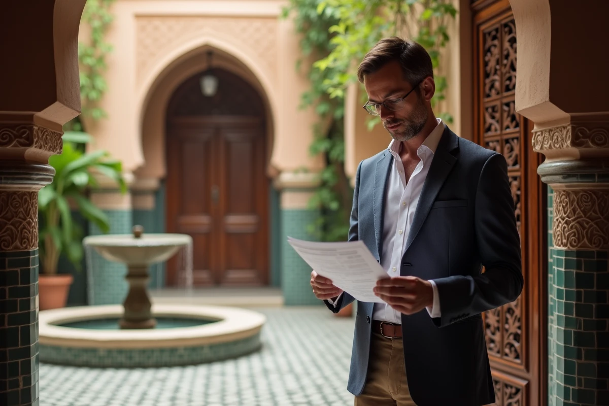 Homme européen vérifiant des papiers dans un riad Marrakech