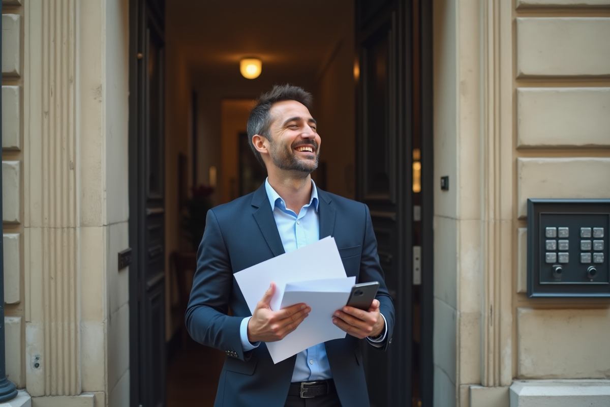 Homme dehors avec documents devant immeuble parisien pour article titre