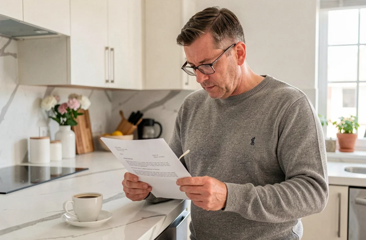 Homme lisant attentivement une lettre de préavis dans une cuisine moderne avec document imprimé sur comptoir