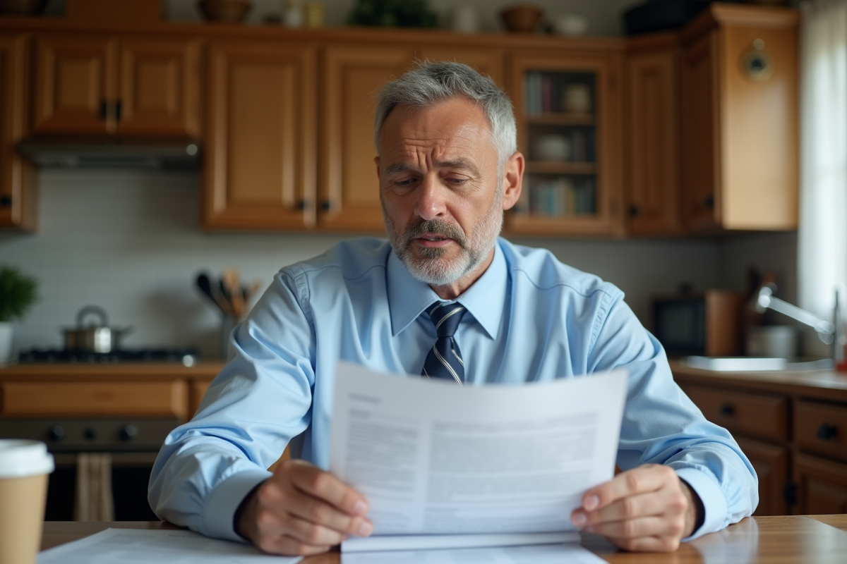 Homme d'âge moyen lisant des documents de prêt immobilier