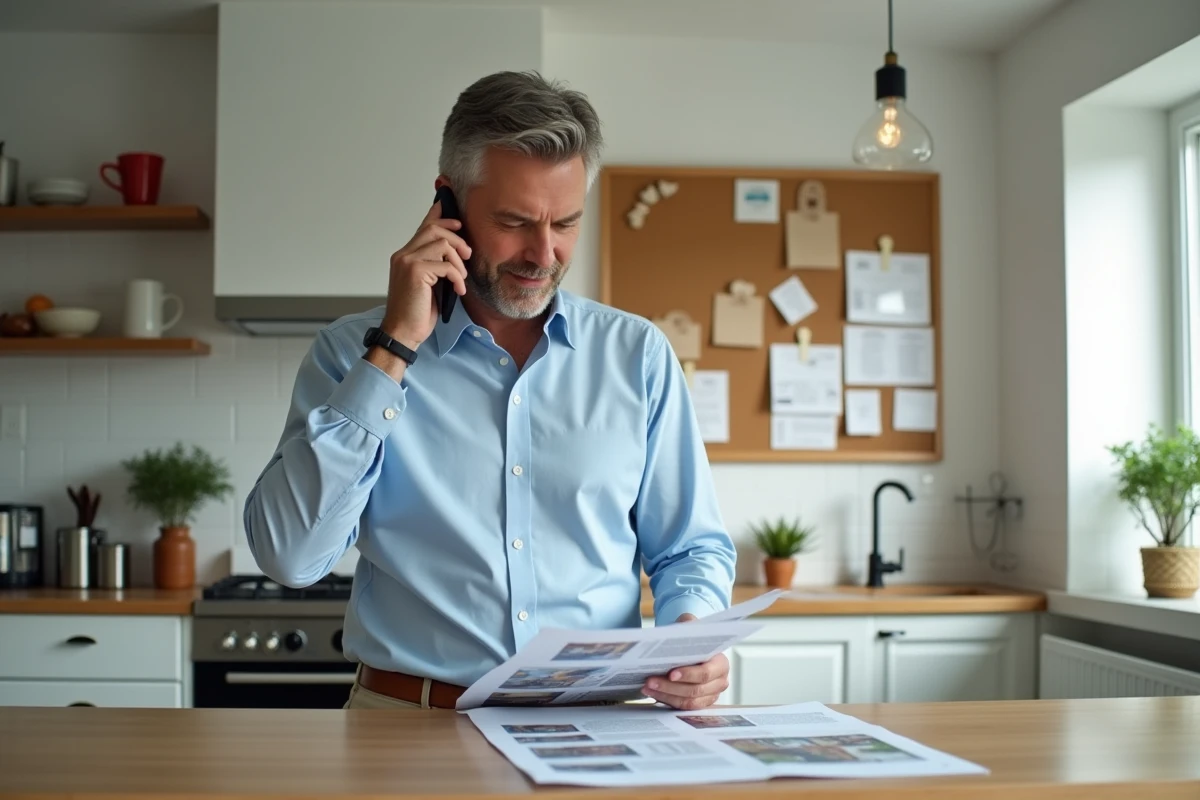 Homme vérifiant des annonces immobilières dans la cuisine