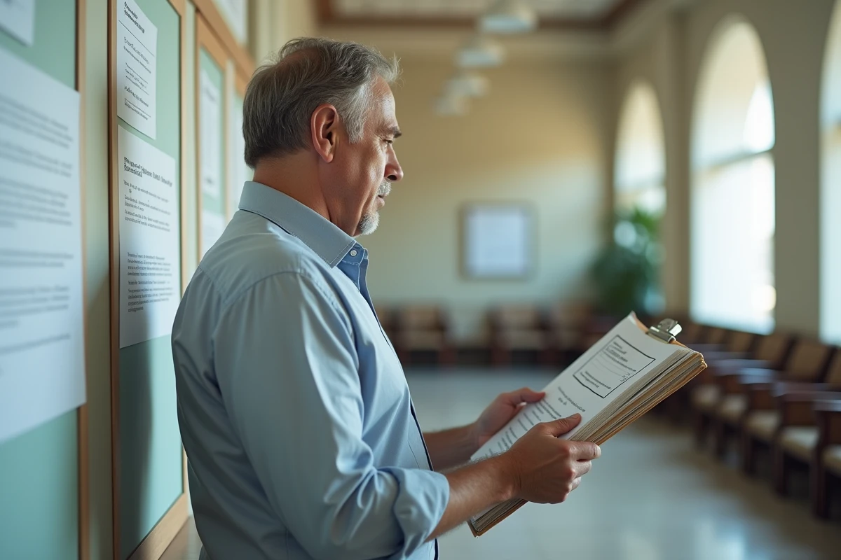Homme lisant une affiche dans un hall de bureau administratif