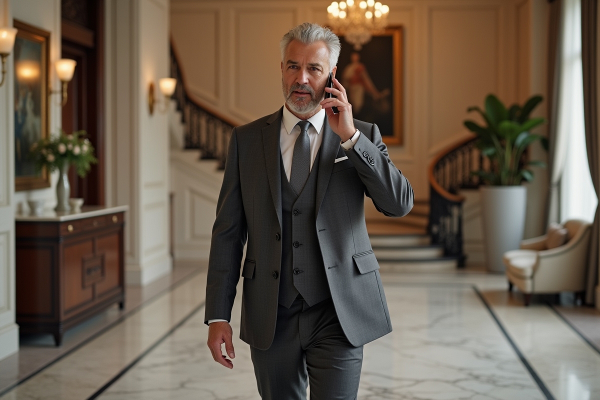 Homme élégant marchant dans un foyer en marbre de luxe