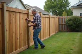 Homme mesurant une clôture en bois dans un jardin résidentiel