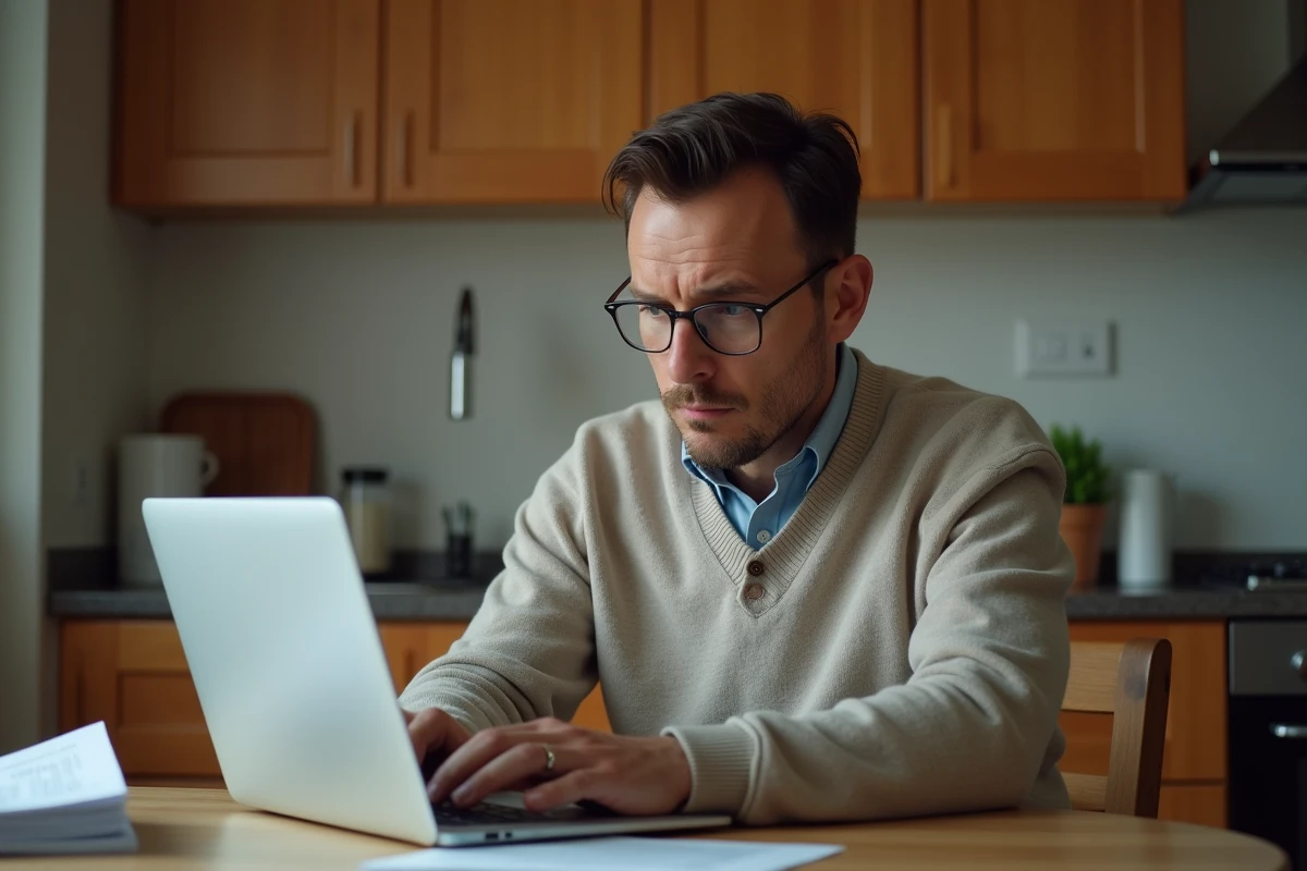 Homme d age moyen consulte sites de location dans sa cuisine