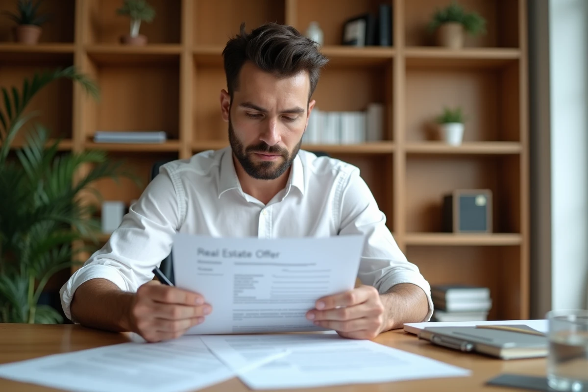 Homme en chemise blanche relisant attentivement une proposition d'achat immobilier à son bureau en bois