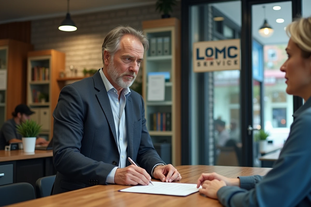 Homme signant un contrat de location dans une agence