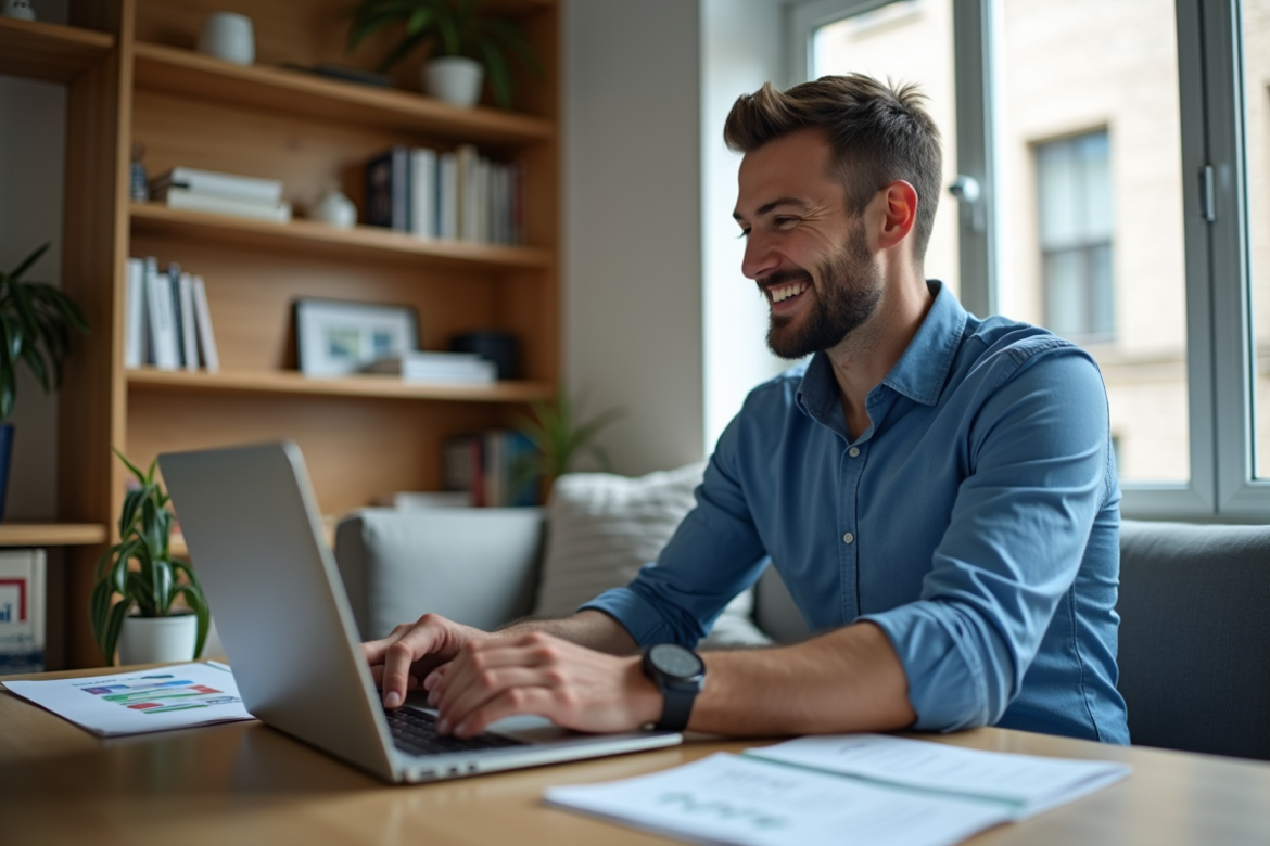 Homme souriant en bureau moderne avec ordinateur et décor