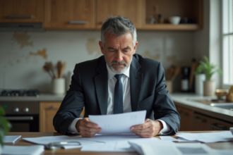 Homme en costume examine documents d'assurance dans un appartement endommagé