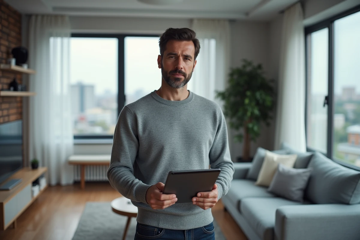 Homme consultant l'interface de gestion de documents locatifs Myfoncia sur une tablette dans son appartement