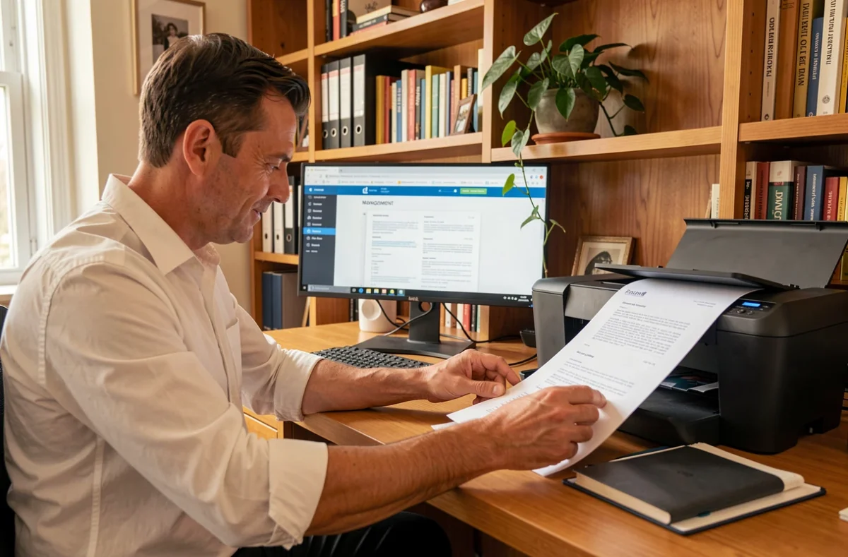 Homme en télétravail téléchargeant et imprimant un contrat ou procès-verbal depuis un espace client en ligne dans un bureau à domicile