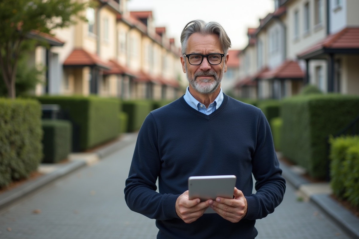 Homme d âge moyen avec tablette affichant des graphiques financiers