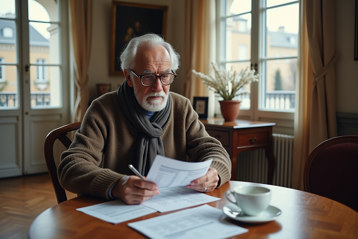 Homme âgé examinant une déclaration d