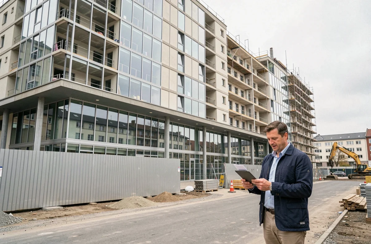 Chef de projet Icade Promotion supervisant un chantier mixte bureaux-logements en cours en Moselle