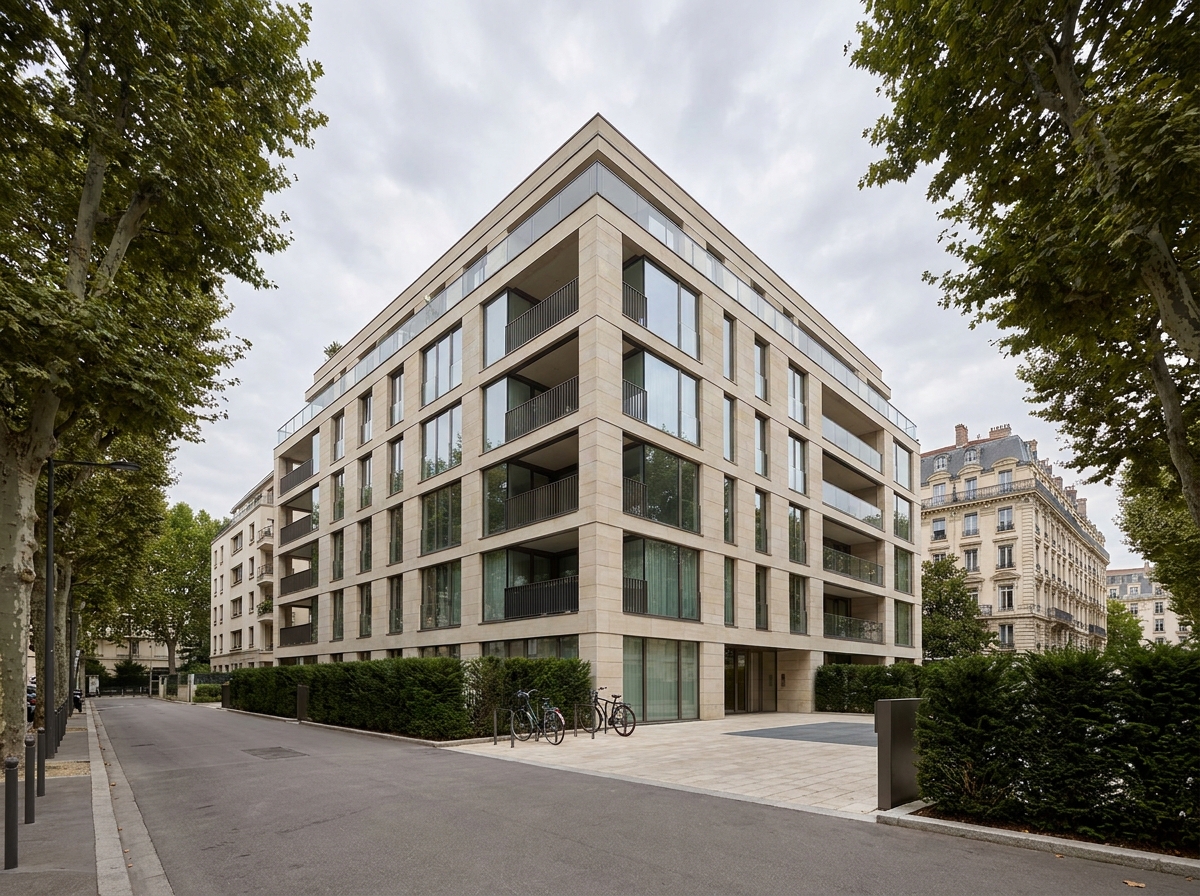 Immeuble résidentiel neuf à Lyon avec façade en pierre claire et balcons modernes dans un quartier premium