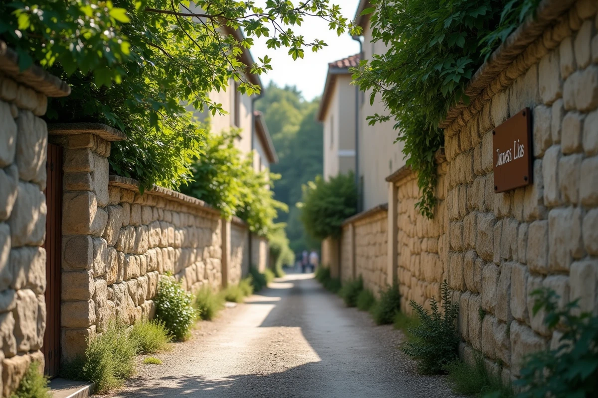 Panneau d'entrée de l'impasse des Lilas dans un village français, mur en pierre calcaire avec lilas et végétation, ambiance rurale authentique