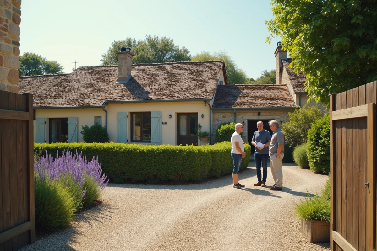 Couple discutant avec un conseiller lors de l'inspection d'un mobil-home installé sur un terrain rural en France