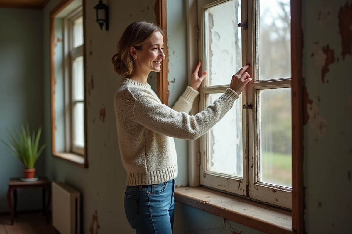 Femme posant un film thermique sur une vieille fenetre en bois