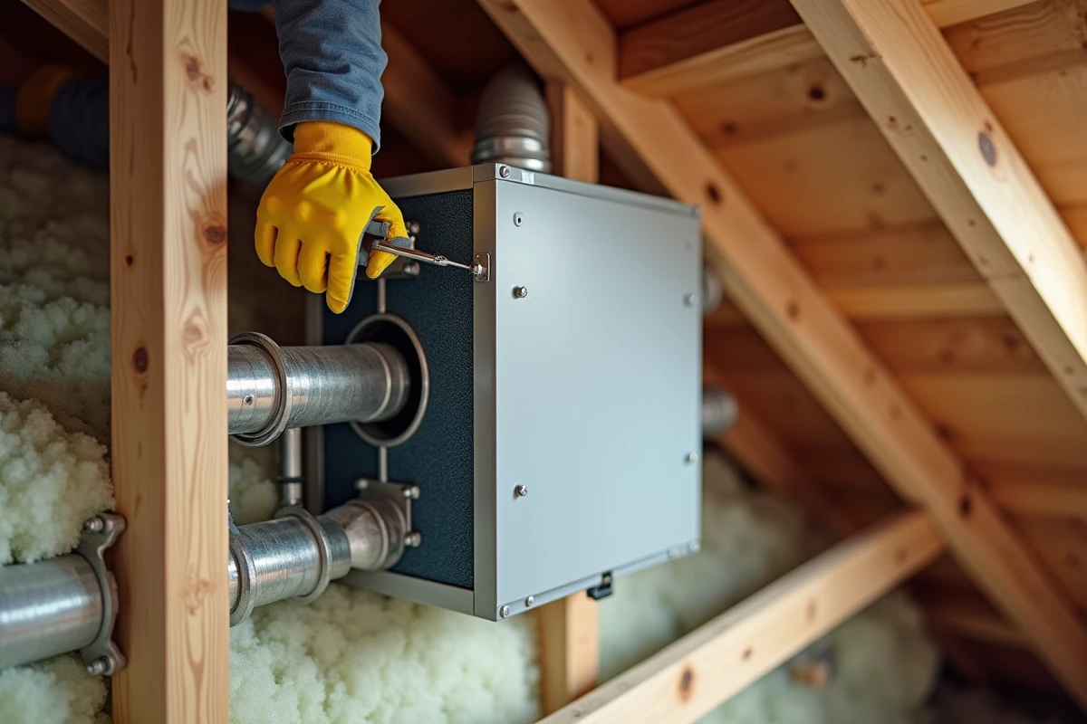 Installation d'une VMC double flux dans les combles isolés d'un immeuble en rénovation énergétique globale