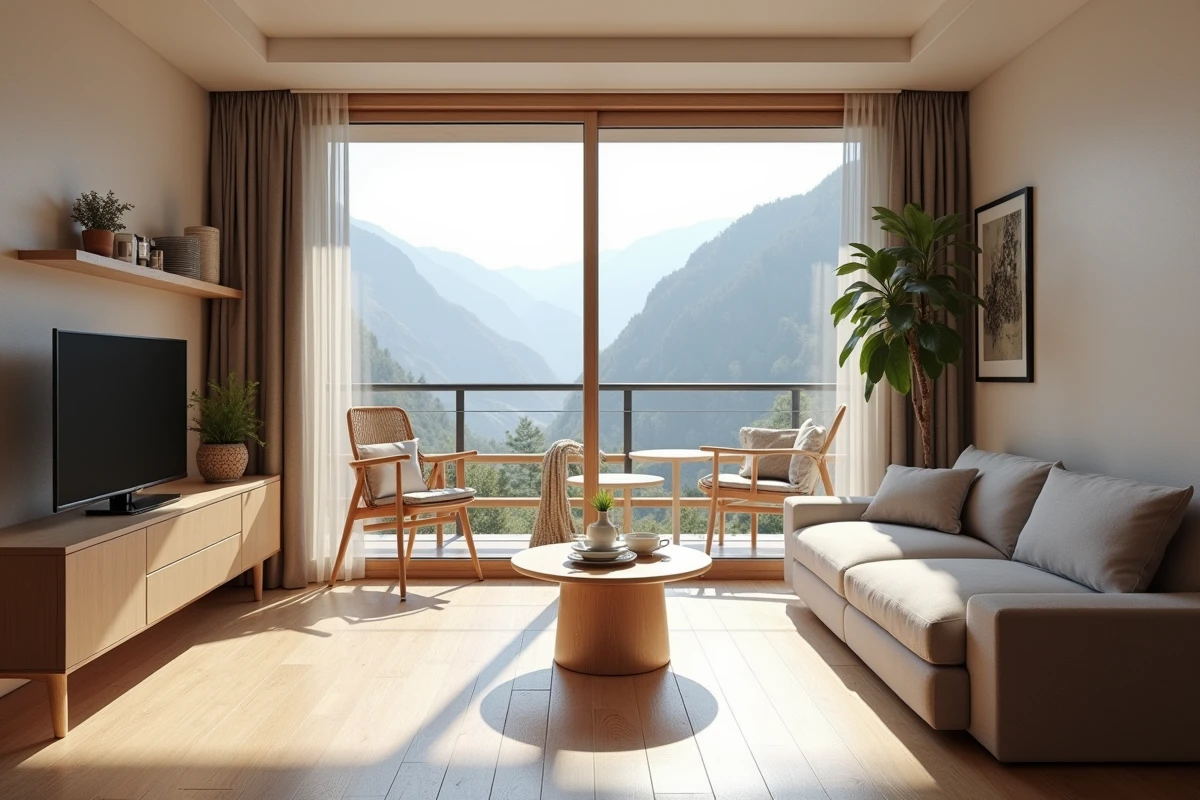 Intérieur moderne d'un appartement en location à Andorre avec vue panoramique sur les montagnes et décoration scandinave