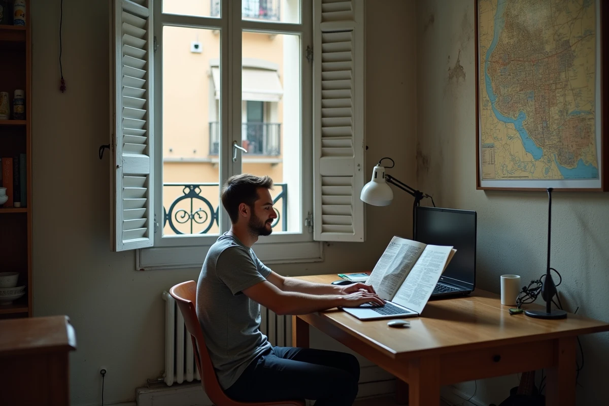 Intérieur d'un petit appartement à louer à Barcelone avec bureau et carte de la ville, compromis budget et bruit
