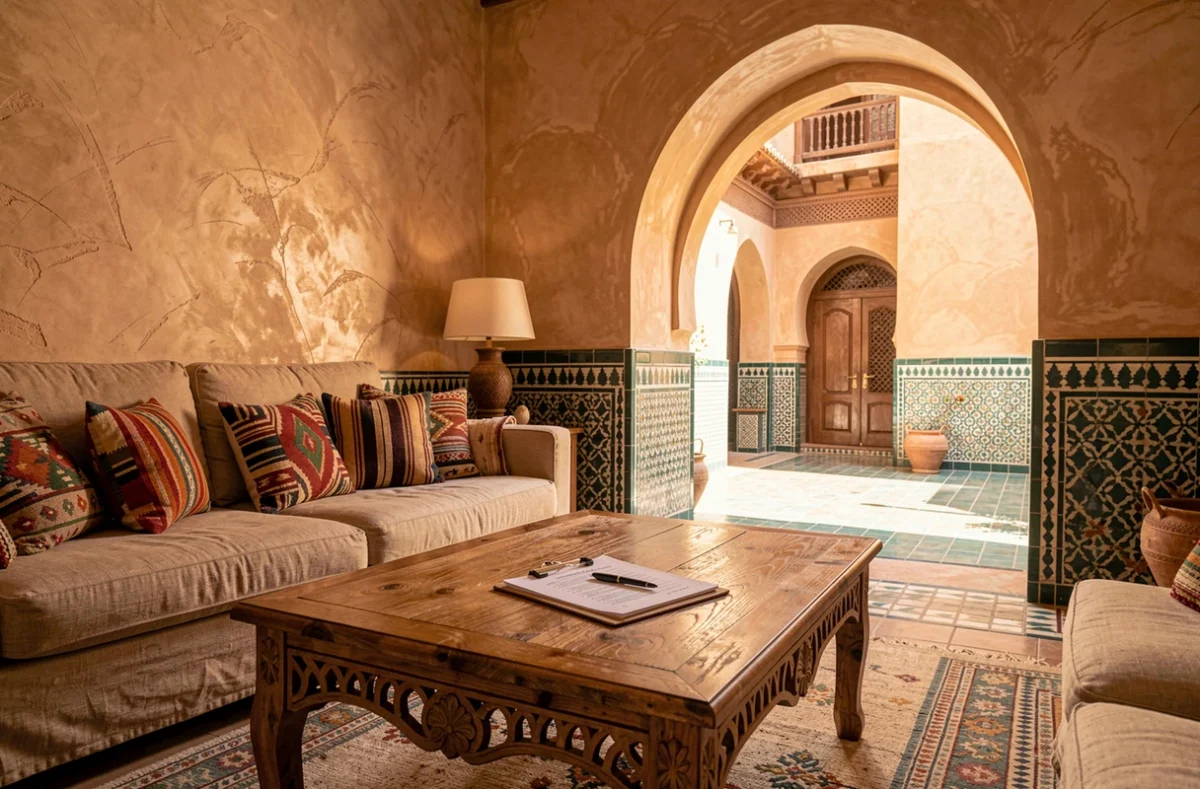 Intérieur d'un appartement de luxe à vendre à Marrakech avec documents d'évaluation immobilière sur la table basse, décoration traditionnelle marocaine